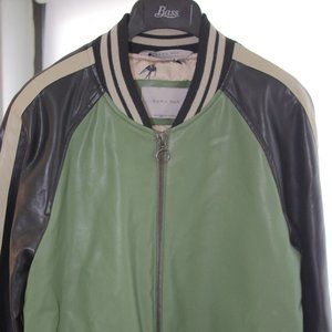 Zara Cafe Racer Green Leather Bomber Jacket - M